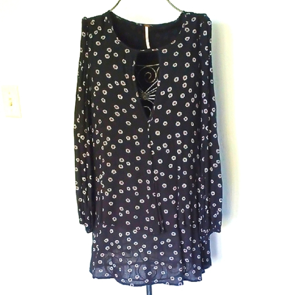 Free People Black Floral Print Mini Dress/Tunic xs-sm